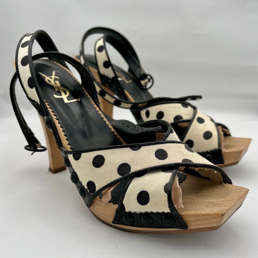 Saint Laurent Size 7 Cream & Black Polka Dot Sandals